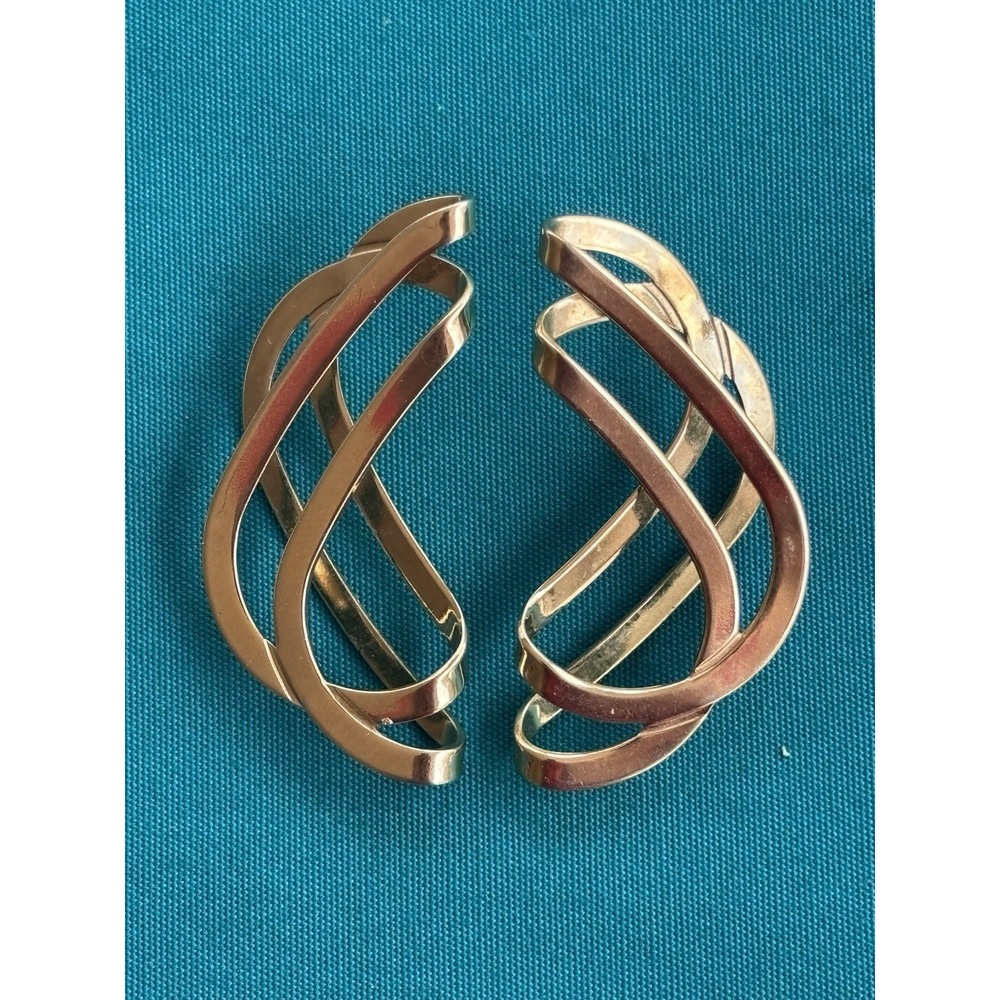 Vtg Pierced Earrings Gold Tone Modernist 2 1/2"